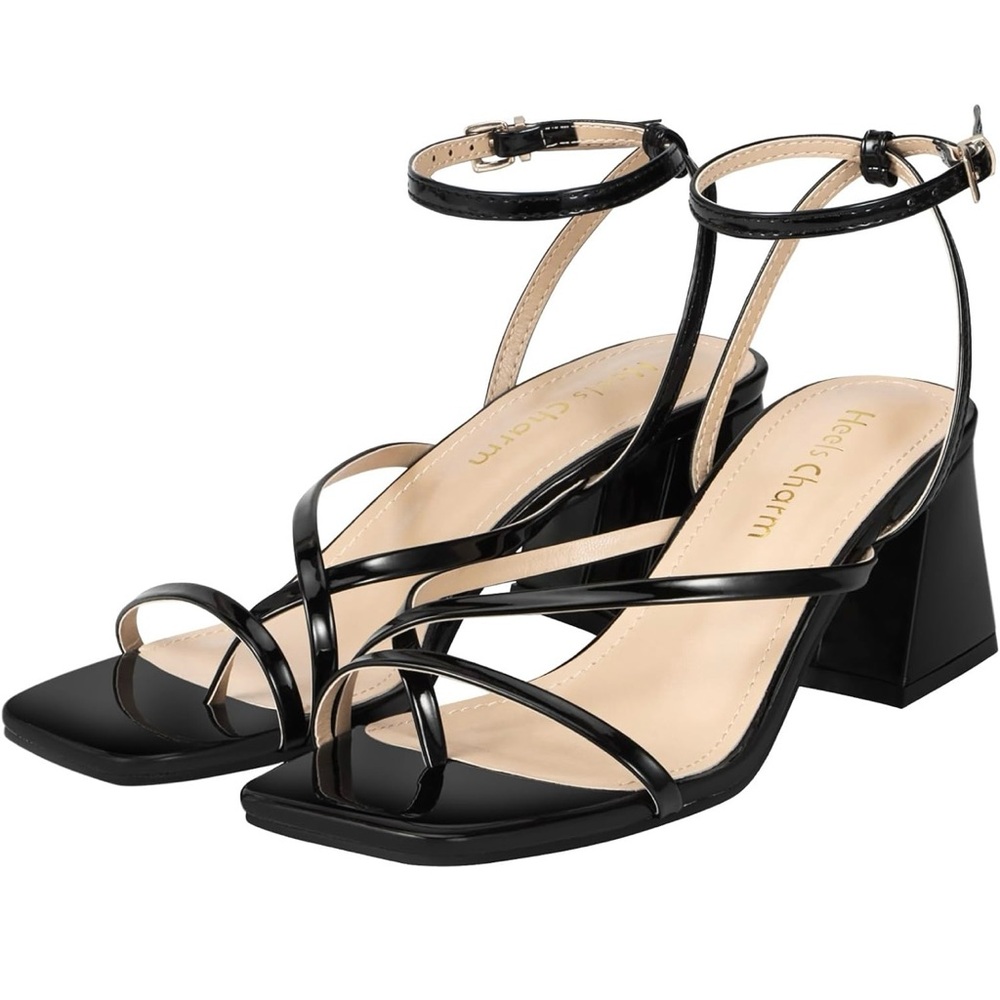 Women’s heels charm  chunky block heeled sandals open toe cross ankle strap Sz.8